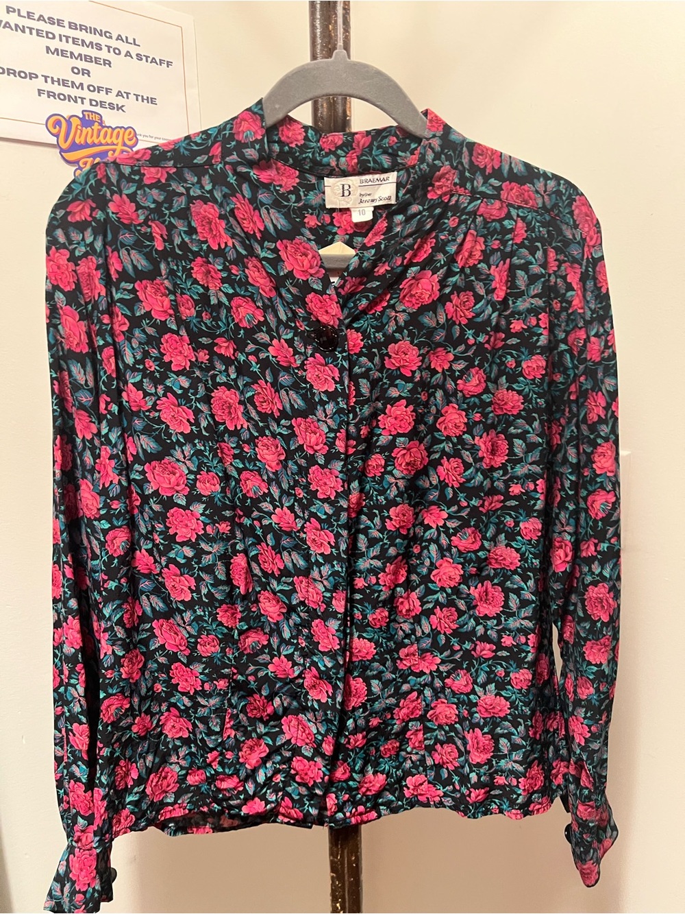 Vintage 80s Pink Floral Button-Front Women's Blouse